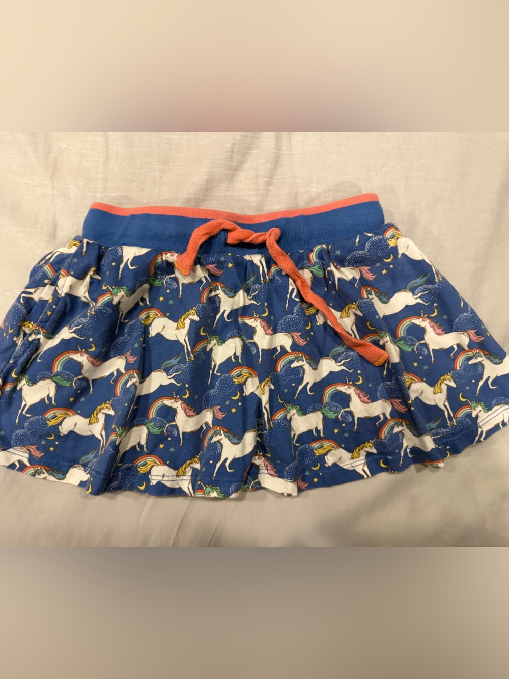 Mini Biden Girls Blue Unicorn Print Shorts with Coral Trim